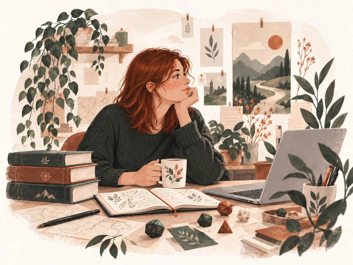 Ilustracja rudowłosej autorki przy biurku z książkami, notatkami i laptopem