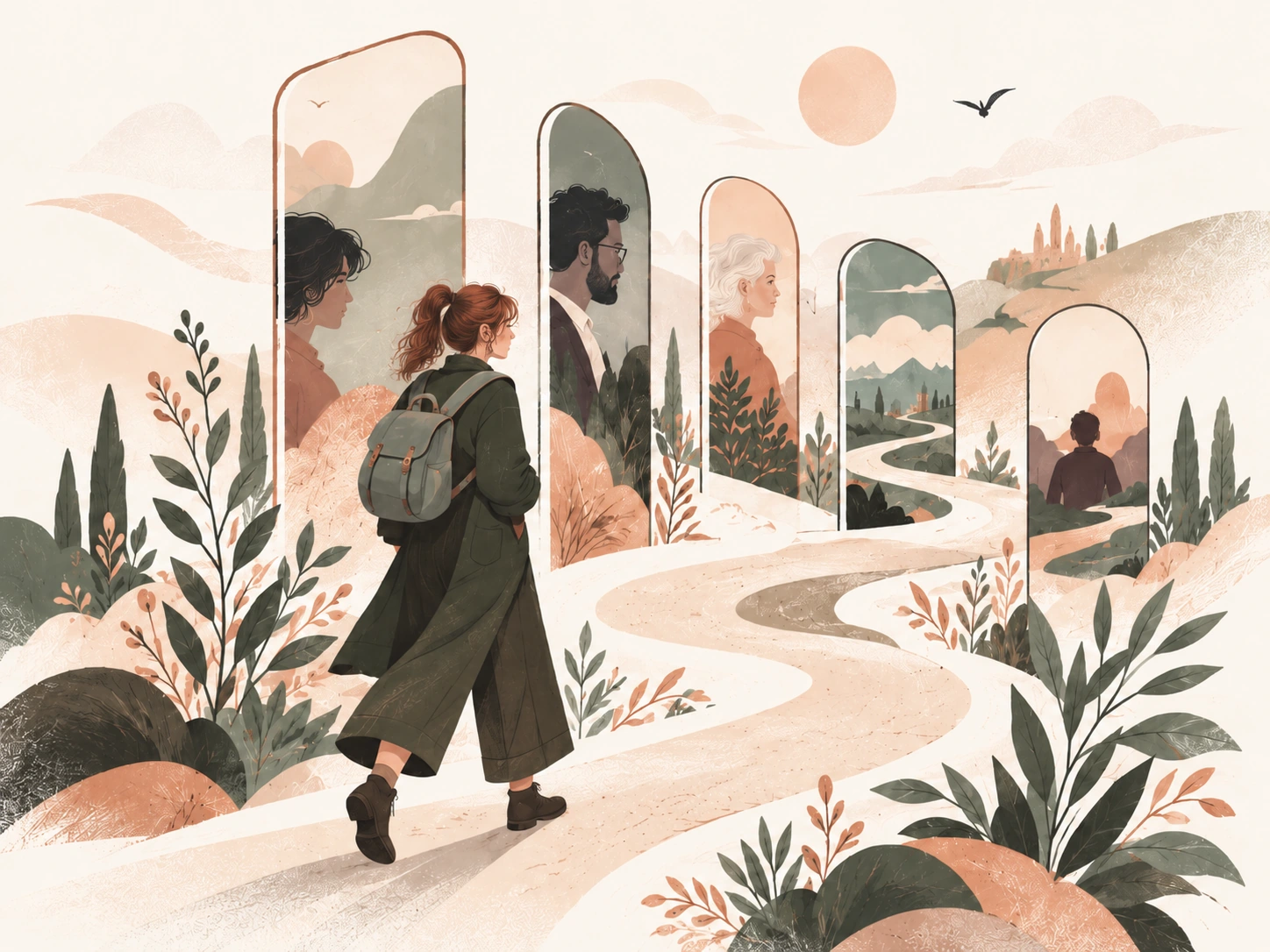 Ilustracja osoby idącej ścieżką między różnymi perspektywami wśród roślin